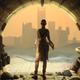 A woman stands in a tunnel, looking out at a city.